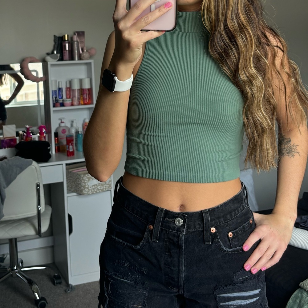 Green Ribbed Crop Top